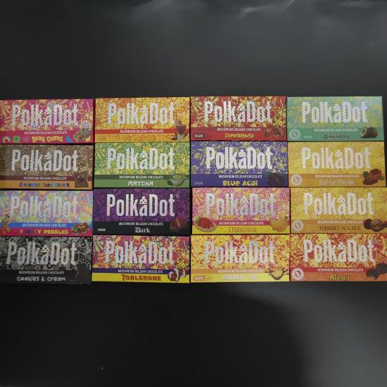 PolkaDot-Schokoriegel-Verpackungsboxen, 12 Sorten DARK POMEGRANATE ORUNCH Magic Mushroom Polka Dot-Schokoriegel-Paket, Milch-Glücksbringer, Acai-Pilz-Riegel
