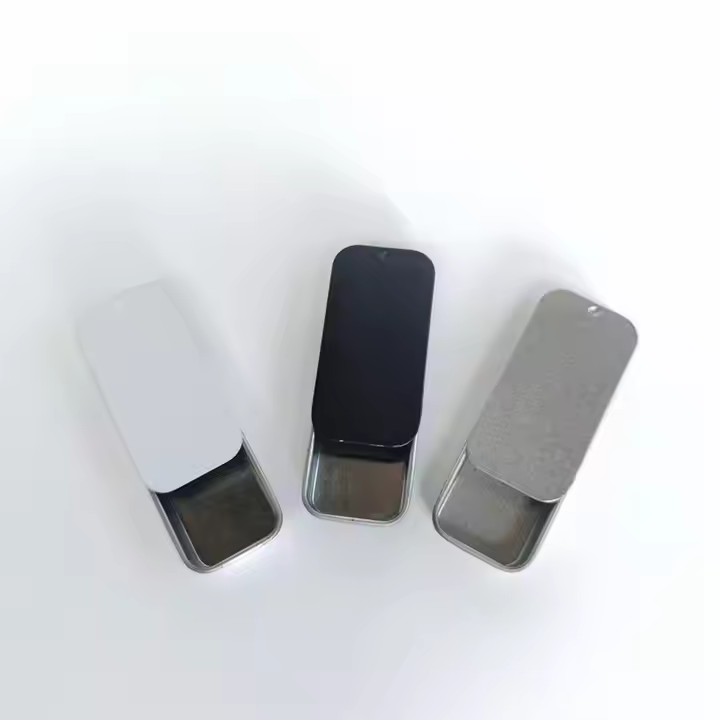 Kleine leere silberne rechteckige Push-Pull-Blechdose mit Schiebedeckel aus Metall, Mini-Blechdosenbox