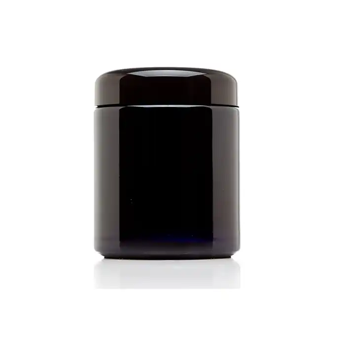 Großhandel Leeres rundes UV-Konzentratglas aus dunklem Glas 100/150/250/500 ml Benutzerdefiniertes Logo Violettglas Cremeglas mit Deckel